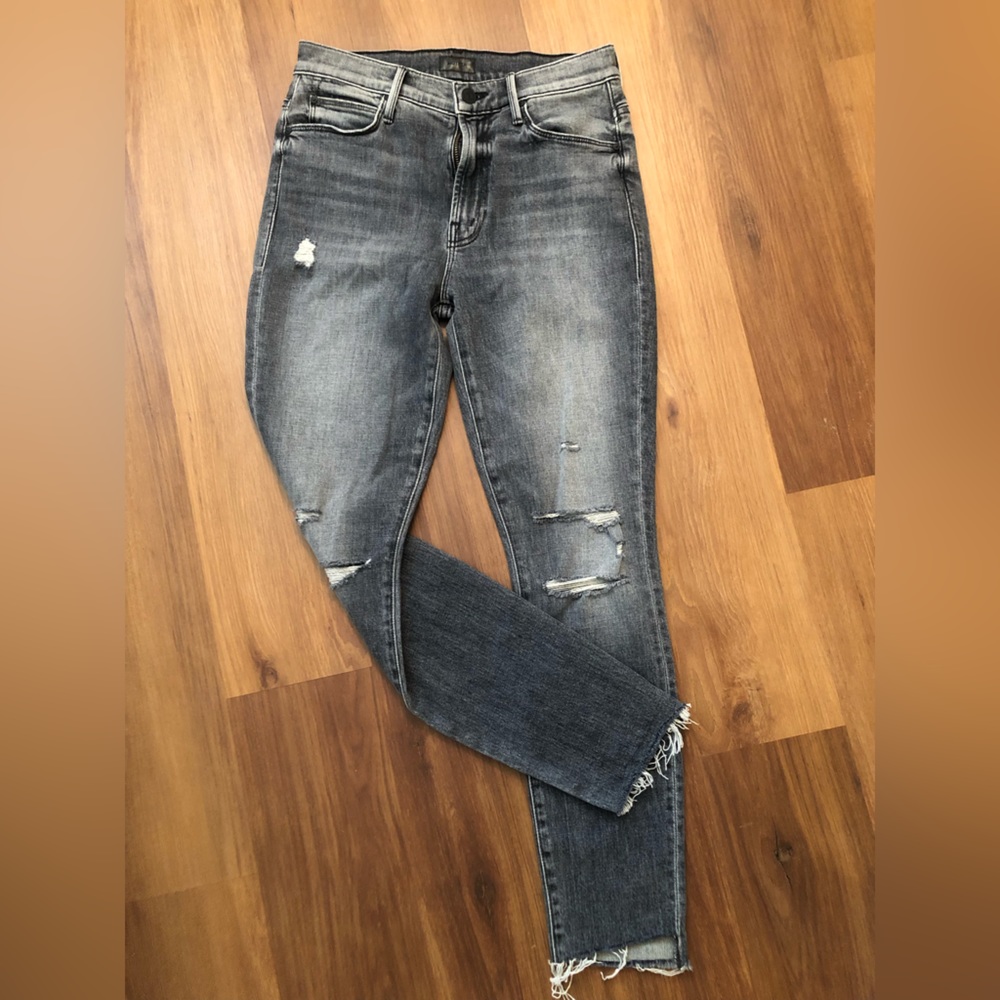 MOTHER Distressed Gray High-Rise Cropped Skinny Jeans